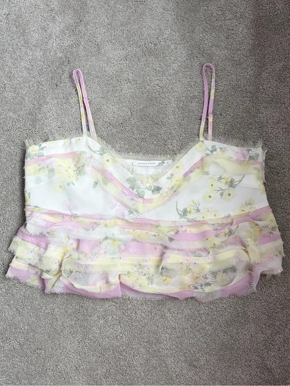 Altar'd State White Pink Yellow Floral Ruffled Camisole